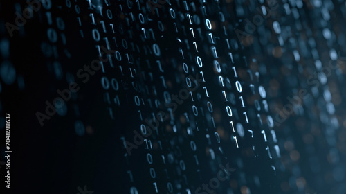 Binary code cascading on a dark background with varying opacity digits and cool ambient glow creating a technical atmosphere suited for cybersecurity awareness campaigns,