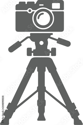 Minimal black vector icon of camera mounted on tripod, balanced flat illustration, geometric style, centered composition, isolated on white background