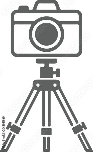 Minimal black vector icon of camera mounted on tripod, balanced flat illustration, geometric style, centered composition, isolated on white background