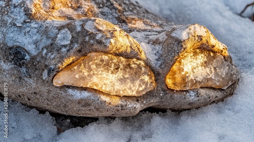 Lustrous gold embedded in rough, textured rock with frost and snow, a close-up macro view of natural mineral wealth.