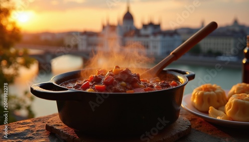 Hot goulash simmers in pot next to dumplings. Steam rises over Buda Castle panorama at sunset. River view with bridge and city buildings adds charm. Food, travel, Hungary.