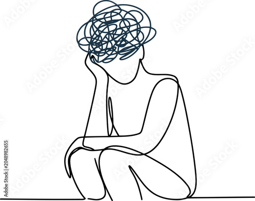 Single line of a person sitting with a tangled mess of lines representing confused thoughts in their head 