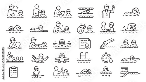 Lifeguard and swimming class line icon set. Instructor, swimmer, rescue board, pool training outline vector illustrations. Symbols for aquatic safety on white background.