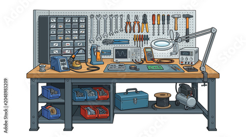 Photos Illustration of a cluttered workbench with various tools and equipment in a workshop setting with a neutral background