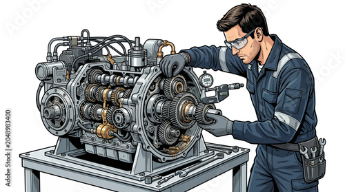 Fényképezés A mechanic in a blue uniform working on a large industrial engine with a drill on a metal table against a white background