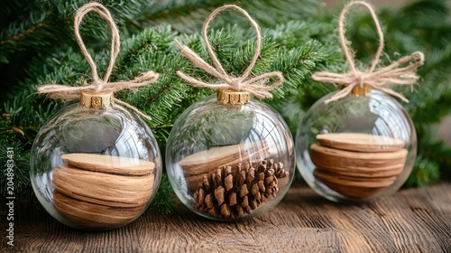 Rustic glass and wood Christmas ornaments featuring pinecones hang on a festive fir tree with natural lighting and a warm, woody background.