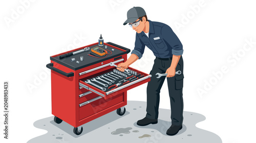 A mechanic opening a red tool chest drawer with various tools inside on a gray floor with oil stains.