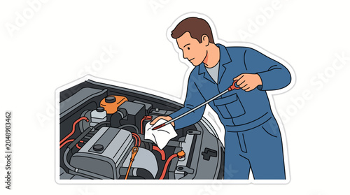 Mechanic in blue overalls checking car engine with a wrench on a white background.