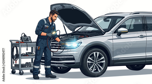 Mechanic in blue uniform inspecting a silver SUV with the hood open next to a tool cart on a plain white background.