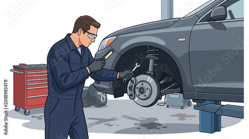 A mechanic in a blue uniform works on a car's wheel with a tool in a garage with a red toolbox and a gray vehicle on a lift.