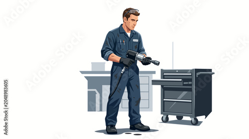 Illustration of a mechanic in a blue uniform using a power tool next to a tool cabinet in a garage with a neutral color palette.