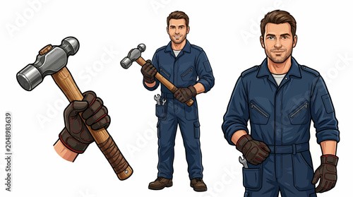 Illustration of a man in a blue jumpsuit holding a hammer with another man and a disembodied hand holding a sledgehammer in a graphic design with a clean white background.