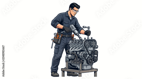 A man in a dark blue uniform working on a large engine with a power tool in a neutral background.