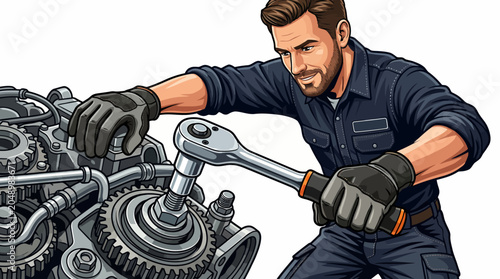 A mechanic in a blue uniform and gloves using a large wrench on a complex gear system with a plain white background.
