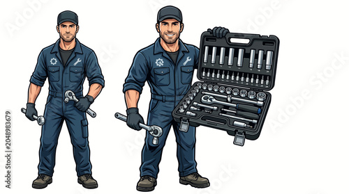 Two cartoon mechanics standing with tools and an open tool case on a white background.