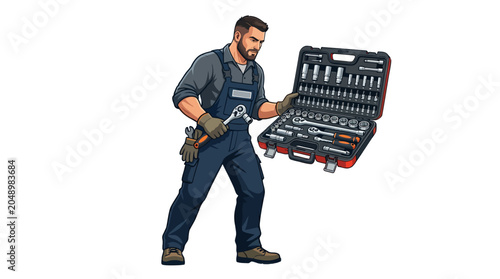 A ruggedly dressed man holding a wrench and a toolbox full of tools on a plain white background with a focus on industry and work.