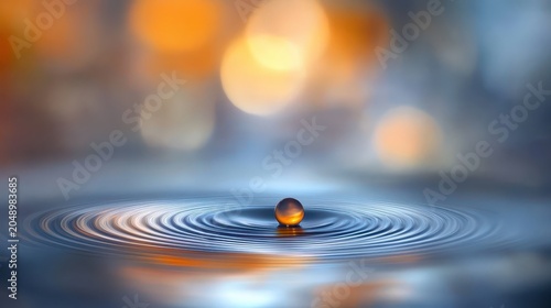 Single water drop creating concentric ripples on a calm surface with blurred golden and blue lights.