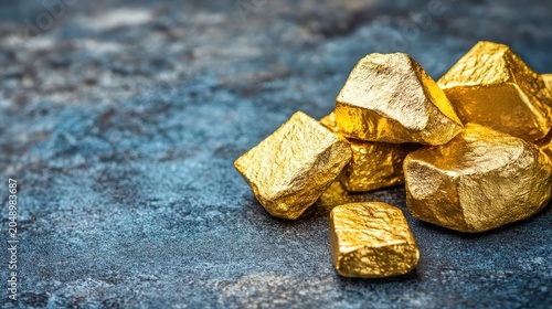 Several shiny gold nuggets piled together on a textured stone surface, symbolizing wealth and financial investment.