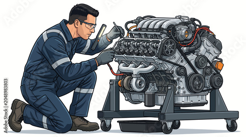 Mechanic in blue uniform and safety glasses working on a car engine with a wrench on a stand against a plain white background.