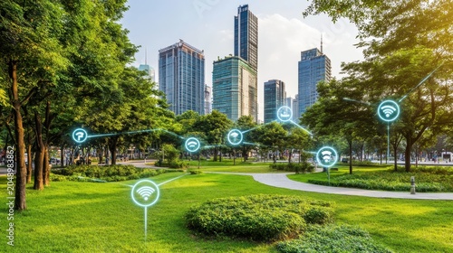 Sustainable urban park blends nature and technology with glowing wifi signals, symbolizing smart city connectivity and eco-friendly design.