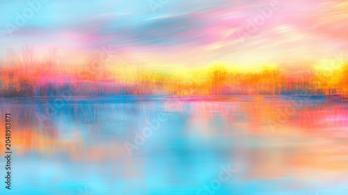 Vibrant sunset hues reflecting on tranquil waters creating a soft impressionistic sky and landscape scene
