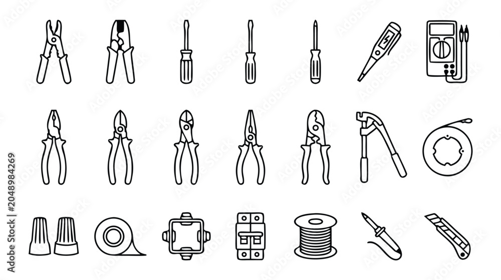 © Md Rifat Hasan - Comprehensive Vector Set of Electrical Wiring Tools Line Icons Featuring Pliers, Screwdrivers, Voltage Testers, and Components in a Minimalistic Style for Professional Electrician Projects. © Md Rifat Hasan - Comprehensive Vector Set of Electrical Wiring Tools Line Icons Featuring Pliers, Screwdrivers, Voltage Testers, and Components in a Minimalistic Style for Professional Electrician Projects.