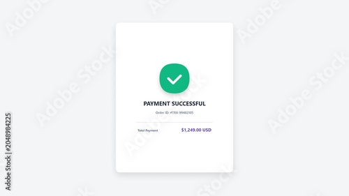 Light Mode Payment Successful Confirmation Screen Interface with Green Checkmark Icon and Credit Card Order Details UI Design Template