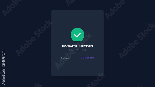 Dark Mode Transaction Complete Success Confirmation Screen Interface with Green Checkmark Icon and Total Payment Order Details UI Design