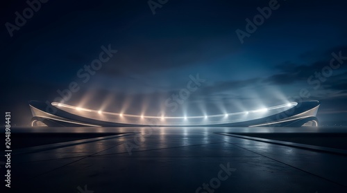 Modern sports stadium at nighttime exterior.