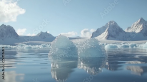 Two large ice formations float serenely on calm arctic water with snow capped mountains in the background