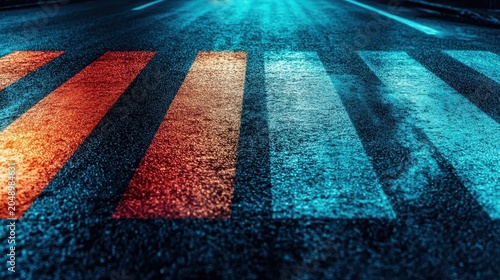 Vibrant glowing brake lights create colorful streaks on wet urban street pavement at night during a high-speed race.