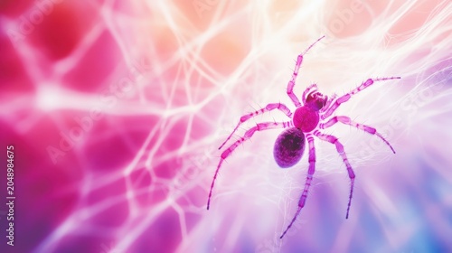 Vibrant Pink Arachnid Suspended on Ethereal Web, Macro Detail