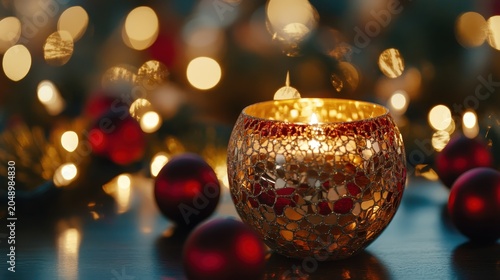 Warm Christmas candle in a decorative mosaic holder glowing on a dining table with festive bokeh lights and a cozy atmosphere.