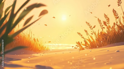Warm sun illuminating coastal dunes and flowing sand with a distant ocean and gentle breeze