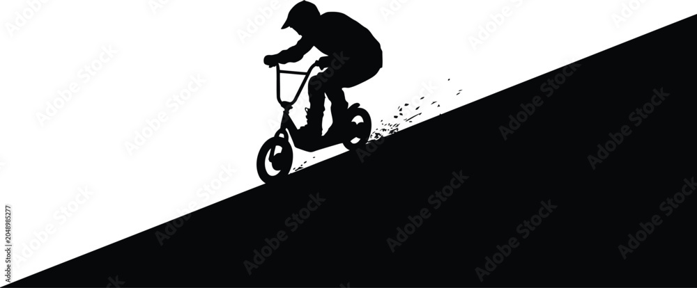 Naklejka premium Silhouette of a bmx rider performing a downhill trick on a slope in black and white graphic with silhouette