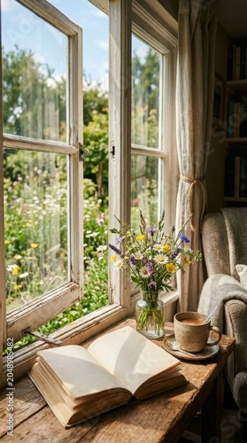 Coffee and book by window cozy home still life natural light relaxation concept