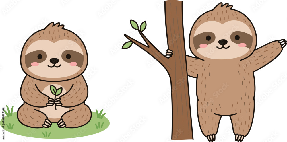Fototapeta premium Cute Cartoon Sloth Vector Set with Sitting and Tree Climbing Characters for Children Nursery Patterns, Greeting Cards, and Educational Graphic Designs