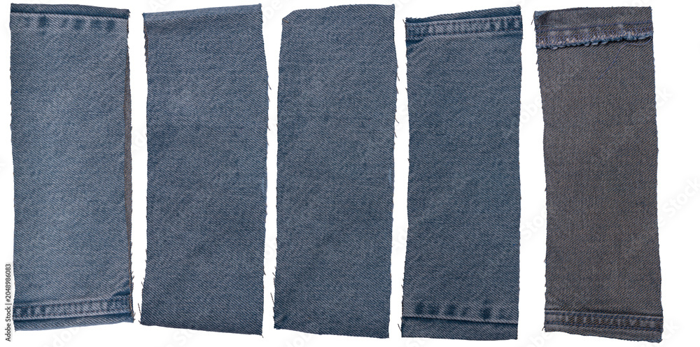 Fototapeta premium Isolated collection of denim stripes of fabric with copyspace on white background