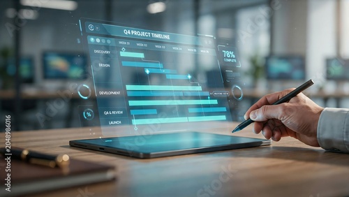 Project manager using stylus on tablet with hologram Gantt chart schedule interface. Business planning, timeline management, and digital workflow concept for corporate strategy efficiency. 