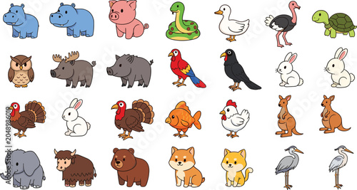 Photography Cute Cartoon Animals Megapack Vector Set with Farm Wild Woodland Safari and Mari