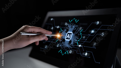 Fotografie Artificial intelligence integration concept linking apps, data streams and automation across enterprise systems and platforms