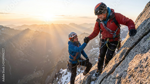 Mountain Rescue Team Helping Climber on Steep Rock Face Leadership and Teamwork Concept