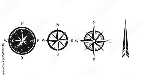 A magnetic nautical compass and map layout featuring a classic compass rose icon for travel navigation and geography orientation