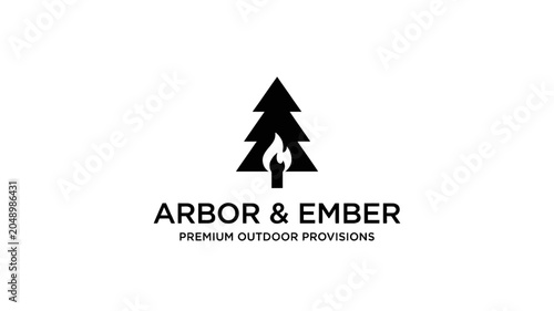 Fotografie The logo of Arbor & Ember features a pine tree and flame on outdoor provisions l