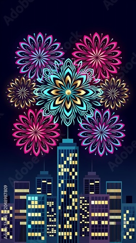 Stylized City Skyline with Ornate Pink and Gold Fireworks - New Year Celebration Vector Illustration