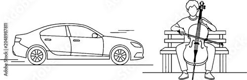 Illustrated car and cellist in contrasting lifestyle scene.