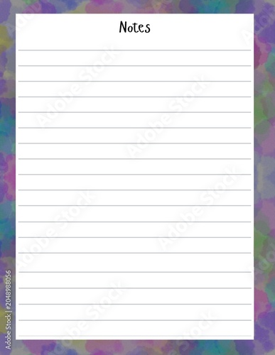 Printable lined notes pages with watercolor colorful shades border, printable paper