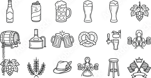 Foto Oktoberfest and Brewery Line Art Vector Icon Set Featuring Beer Mugs Bottles Woo