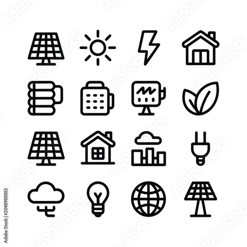 Renewable energy icon set with 16 solar power and green electricity symbols, sustainable ecology line art collection, eco friendly house and battery vector icons