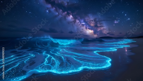 Bioluminescent waves crashing on dark beach under starry night sky with aurora glow
